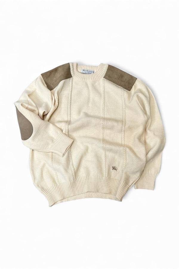MADE IN ENGLAND 90'S WOOL SUEDE PATCH HUNTING KNIT SWEATER / WHITE [SIZE: M USED]