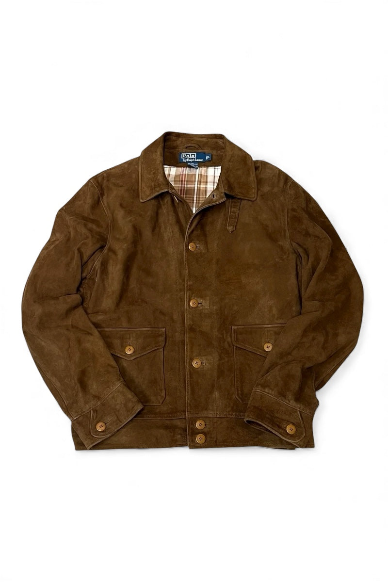 90'S SUEDE LEATHER JACKET WITH CHECK LINER / BROWN [SIZE: L USED]