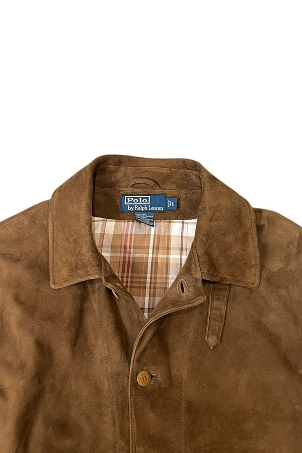 90'S SUEDE LEATHER JACKET WITH CHECK LINER / BROWN [SIZE: L USED]