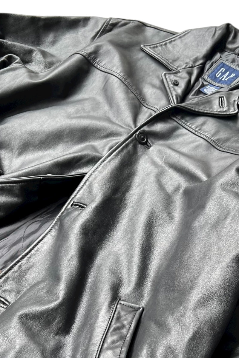 Y2K EARLY 00'S LEATHER CAR COAT / BLACK [SIZE: L USED]