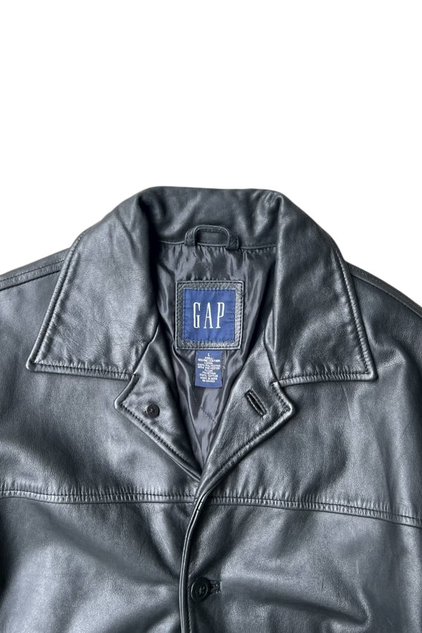 Y2K EARLY 00'S LEATHER CAR COAT / BLACK [SIZE: L USED]