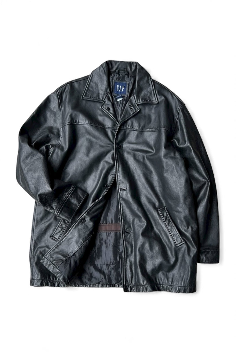 Y2K EARLY 00'S LEATHER CAR COAT / BLACK [SIZE: L USED]