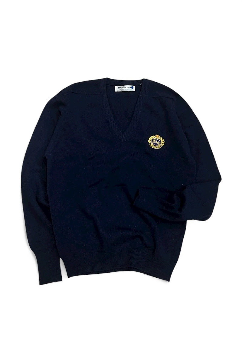 MADE IN SCOTLAND 90'S V-NECK WOOL KNIT SWEATER / NAVY [SIZE: M USED]
