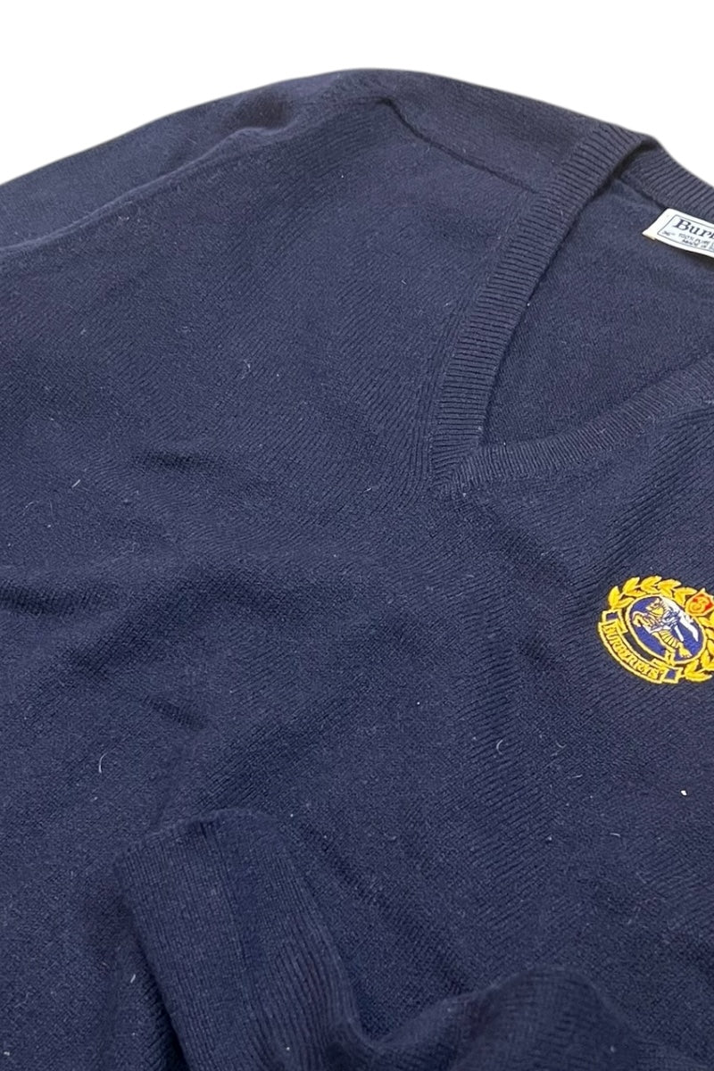 MADE IN SCOTLAND 90'S V-NECK WOOL KNIT SWEATER / NAVY [SIZE: M USED]