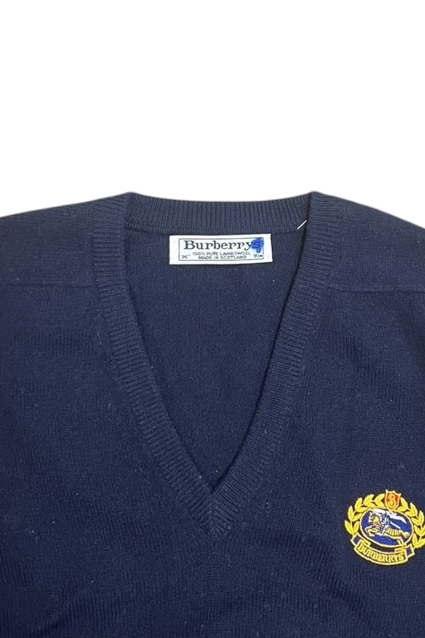 MADE IN SCOTLAND 90'S V-NECK WOOL KNIT SWEATER / NAVY [SIZE: M USED]