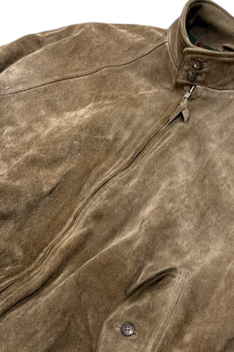 90'S SUEDE LEATHER HARRINGTON JACKET W/CHECK LINER / BEIGE [SIZE: L USED]