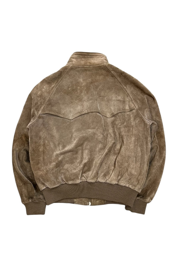 90'S SUEDE LEATHER HARRINGTON JACKET W/CHECK LINER / BEIGE [SIZE: L USED]