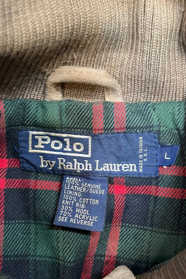 90'S SUEDE LEATHER HARRINGTON JACKET W/CHECK LINER / BEIGE [SIZE: L USED]