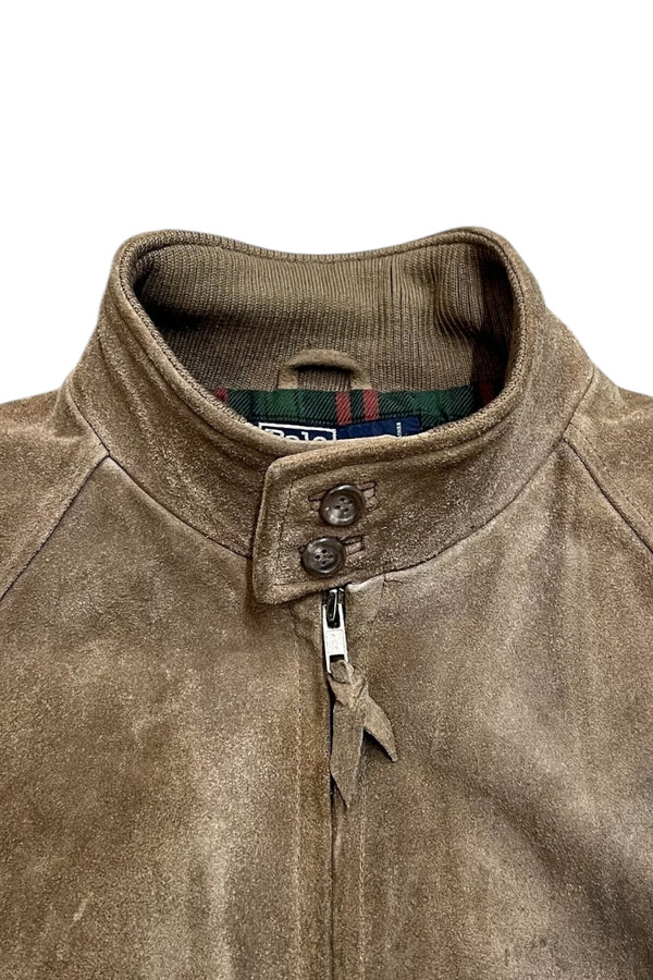 90'S SUEDE LEATHER HARRINGTON JACKET W/CHECK LINER / BEIGE [SIZE: L USED]