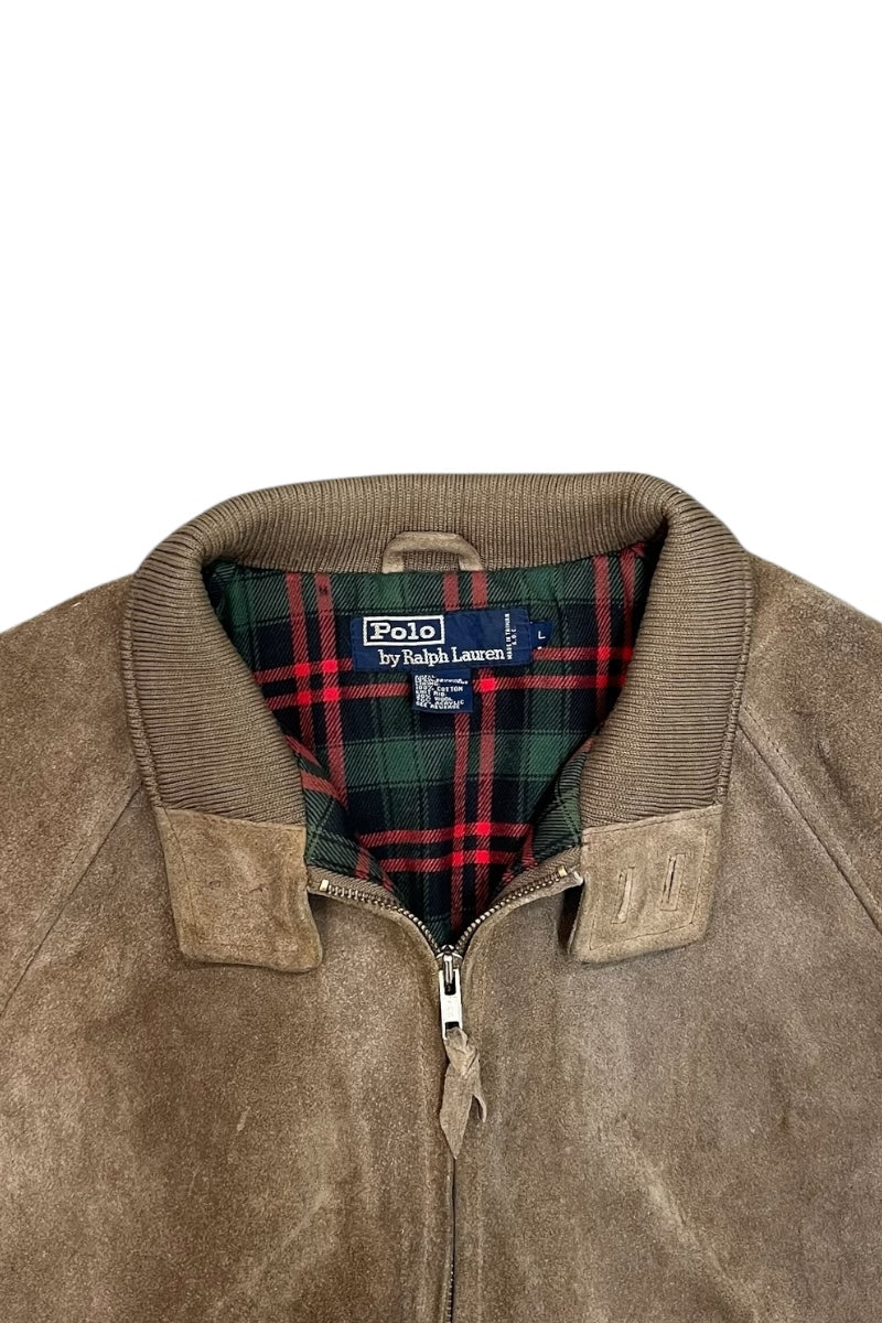 90'S SUEDE LEATHER HARRINGTON JACKET W/CHECK LINER / BEIGE [SIZE: L USED]