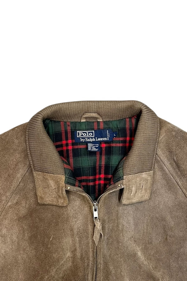90'S SUEDE LEATHER HARRINGTON JACKET W/CHECK LINER / BEIGE [SIZE: L USED]