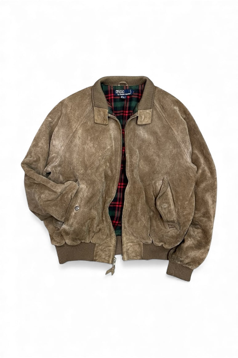 90'S SUEDE LEATHER HARRINGTON JACKET W/CHECK LINER / BEIGE [SIZE: L USED]