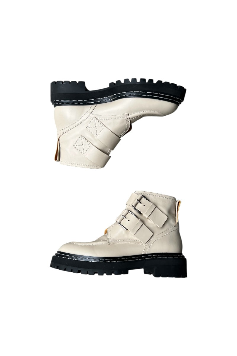 MADE IN ITALY LEATHER BUCKLE BOOTS / OFF WHITE [SIZE: 39 (equivalent to 27cm) DEADSTOCK/NOS]