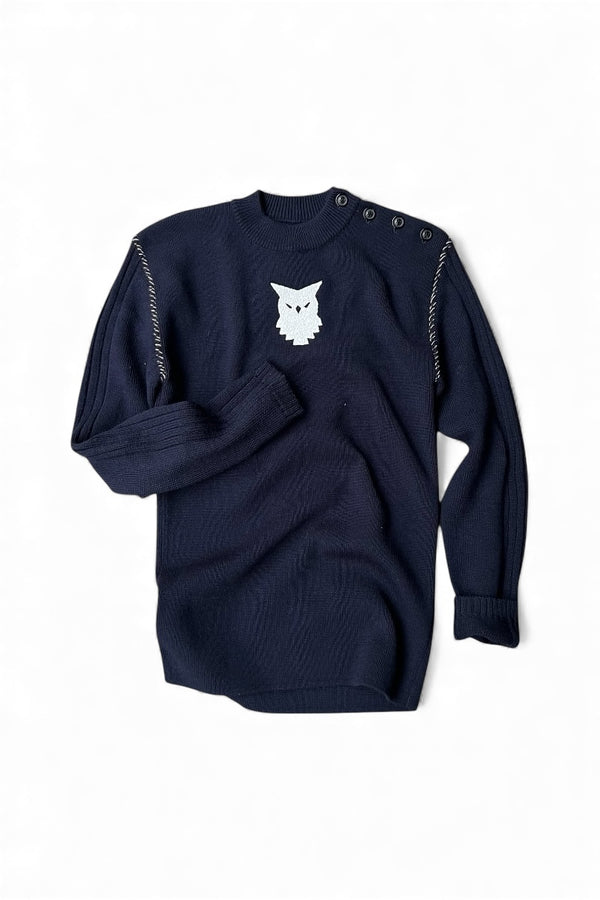 MADE IN ROMANIA 22SS OWL PATCH SWEATER / NAVY [SIZE: S DEADSTOCK/NOS]