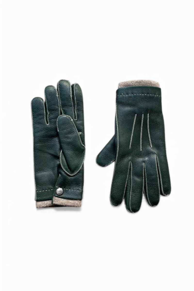 MADE IN ITALY DEER SKIN LEATHER GLOVE W/CASHMERE LINING / GREEN [SIZE: ONE SIZE USED]