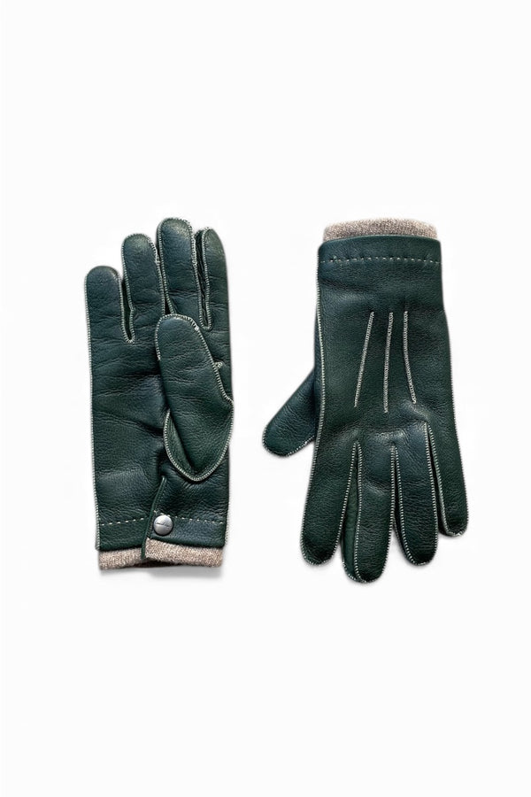 MADE IN ITALY DEER SKIN LEATHER GLOVE W/CASHMERE LINING / GREEN [SIZE: ONE SIZE USED]