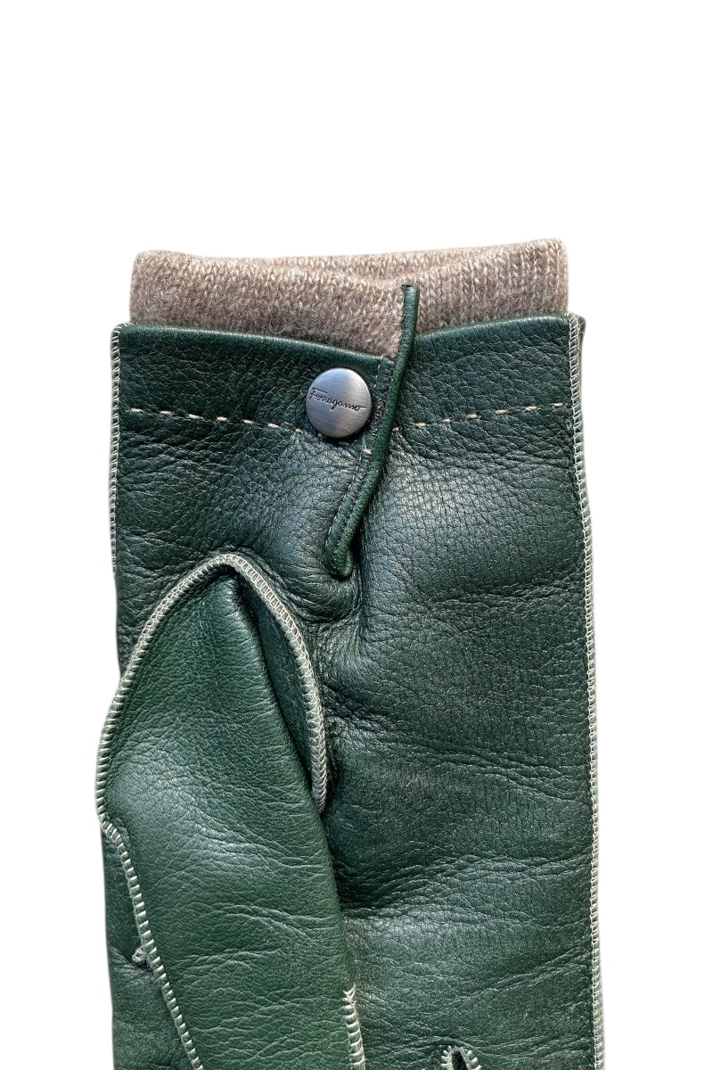 MADE IN ITALY DEER SKIN LEATHER GLOVE W/CASHMERE LINING / GREEN [SIZE: ONE SIZE USED]