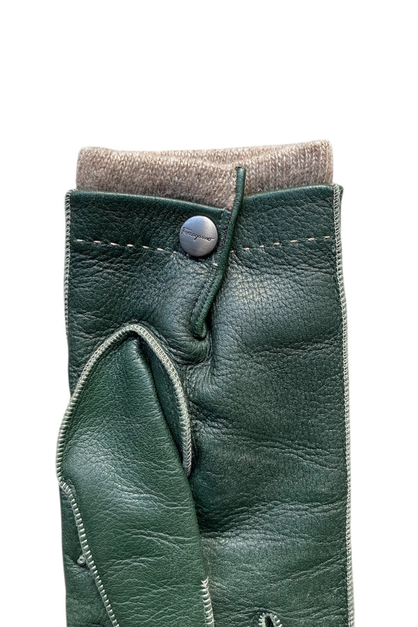 MADE IN ITALY DEER SKIN LEATHER GLOVE W/CASHMERE LINING / GREEN [SIZE: ONE SIZE USED]