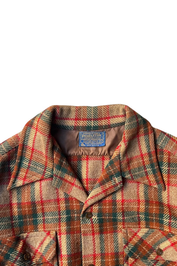 70'S L/S WOOL FLANNEL CHECK SHIRT / BROWN [SIZE: L USED]