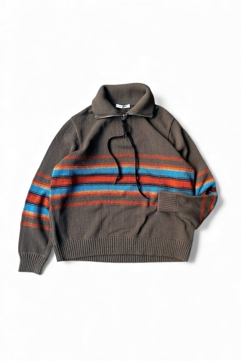 HALF ZIP BORDER COTTON KNIT SWEATER / BROWN [SIZE: M USED]