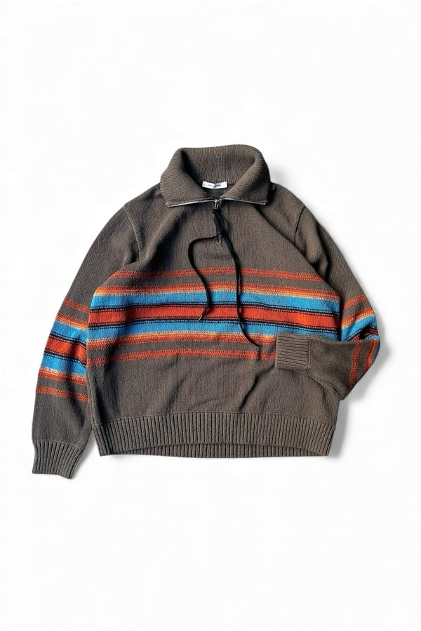 HALF ZIP BORDER COTTON KNIT SWEATER / BROWN [SIZE: M USED]