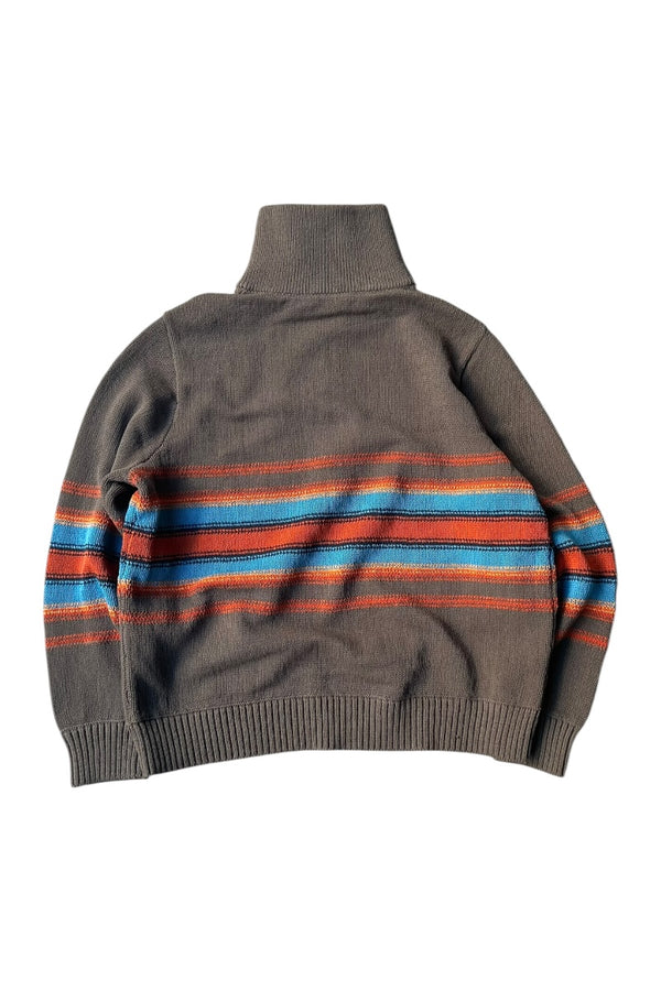 HALF ZIP BORDER COTTON KNIT SWEATER / BROWN [SIZE: M USED]