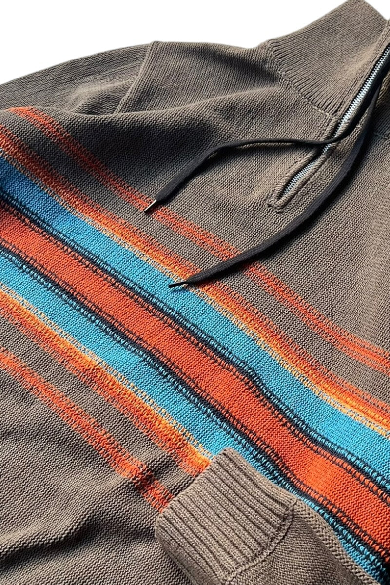 HALF ZIP BORDER COTTON KNIT SWEATER / BROWN [SIZE: M USED]