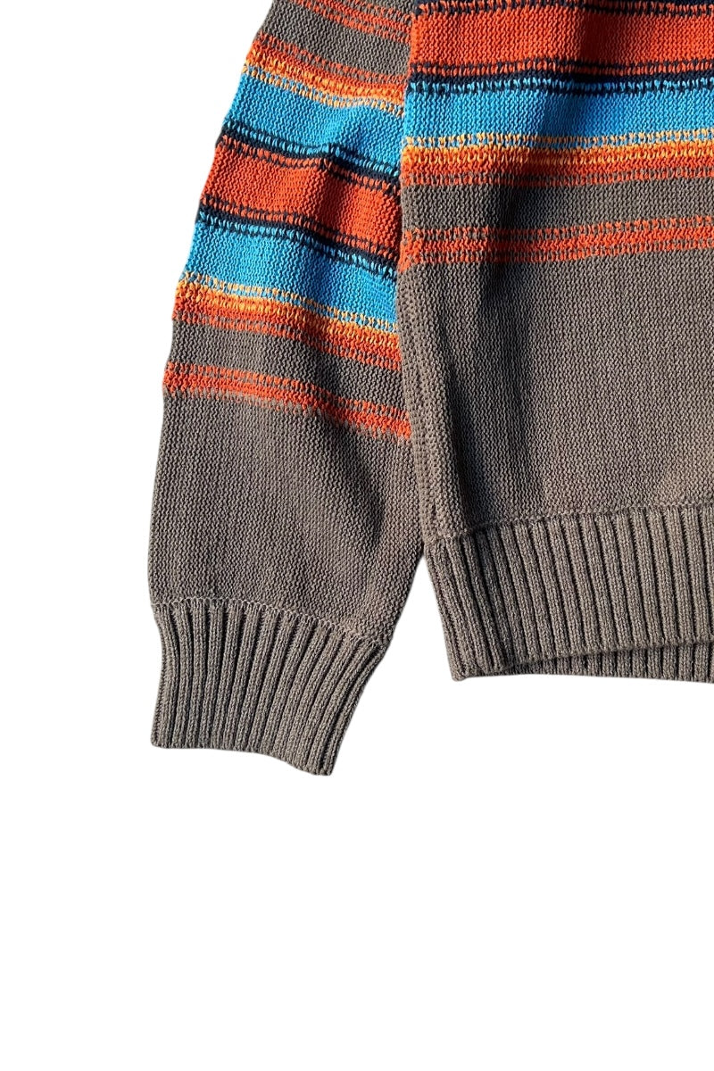 HALF ZIP BORDER COTTON KNIT SWEATER / BROWN [SIZE: M USED]