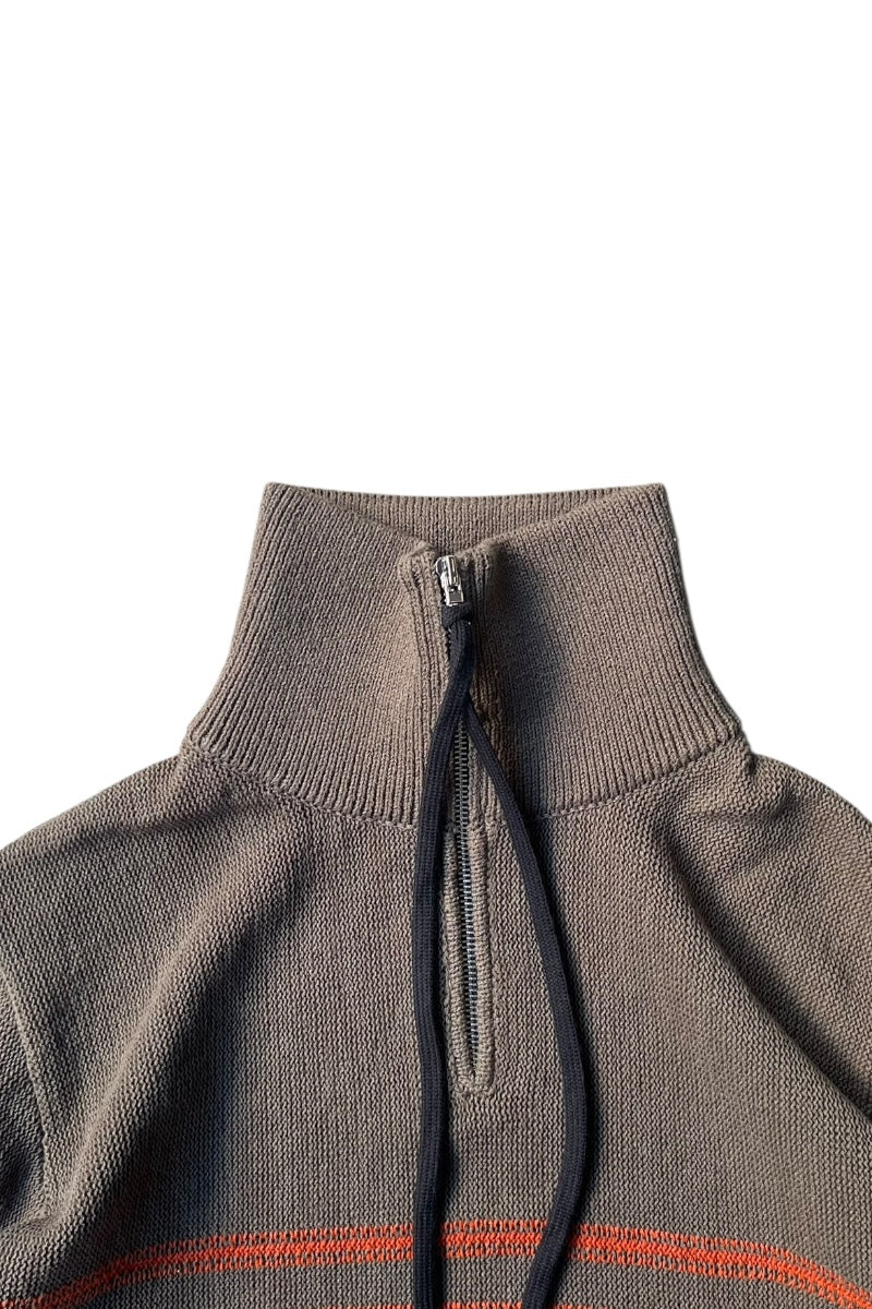HALF ZIP BORDER COTTON KNIT SWEATER / BROWN [SIZE: M USED]