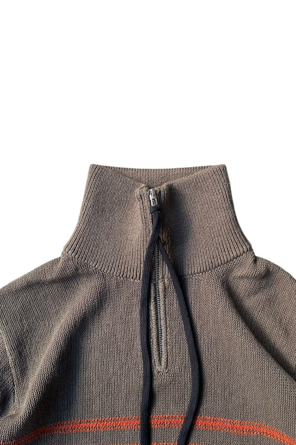 HALF ZIP BORDER COTTON KNIT SWEATER / BROWN [SIZE: M USED]