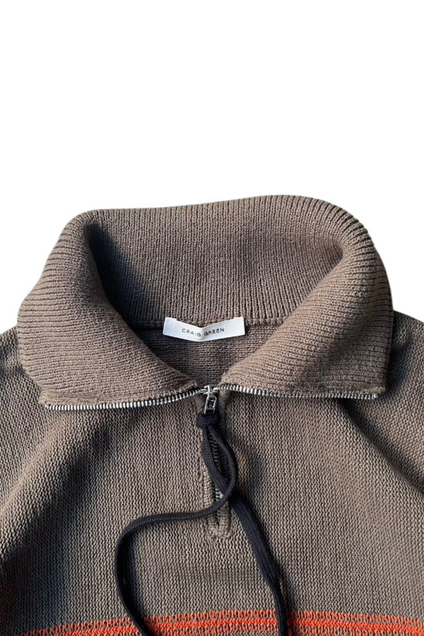 HALF ZIP BORDER COTTON KNIT SWEATER / BROWN [SIZE: M USED]