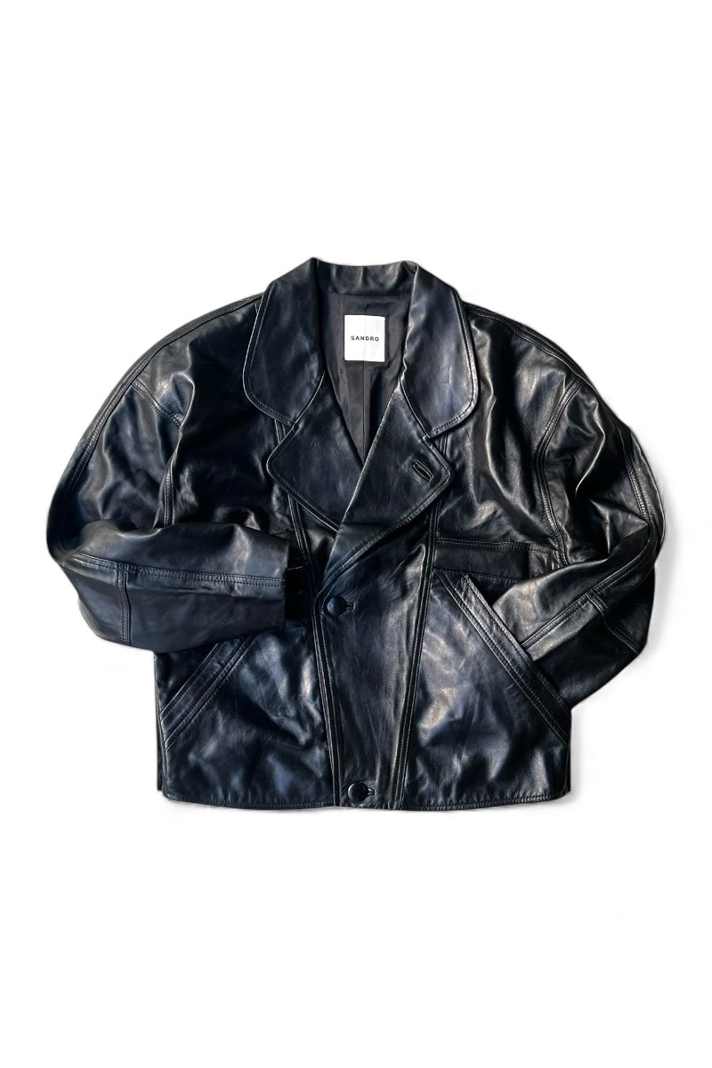 OVERSIZED LEATHER JACKET / BLACK [SIZE: 36 USED]