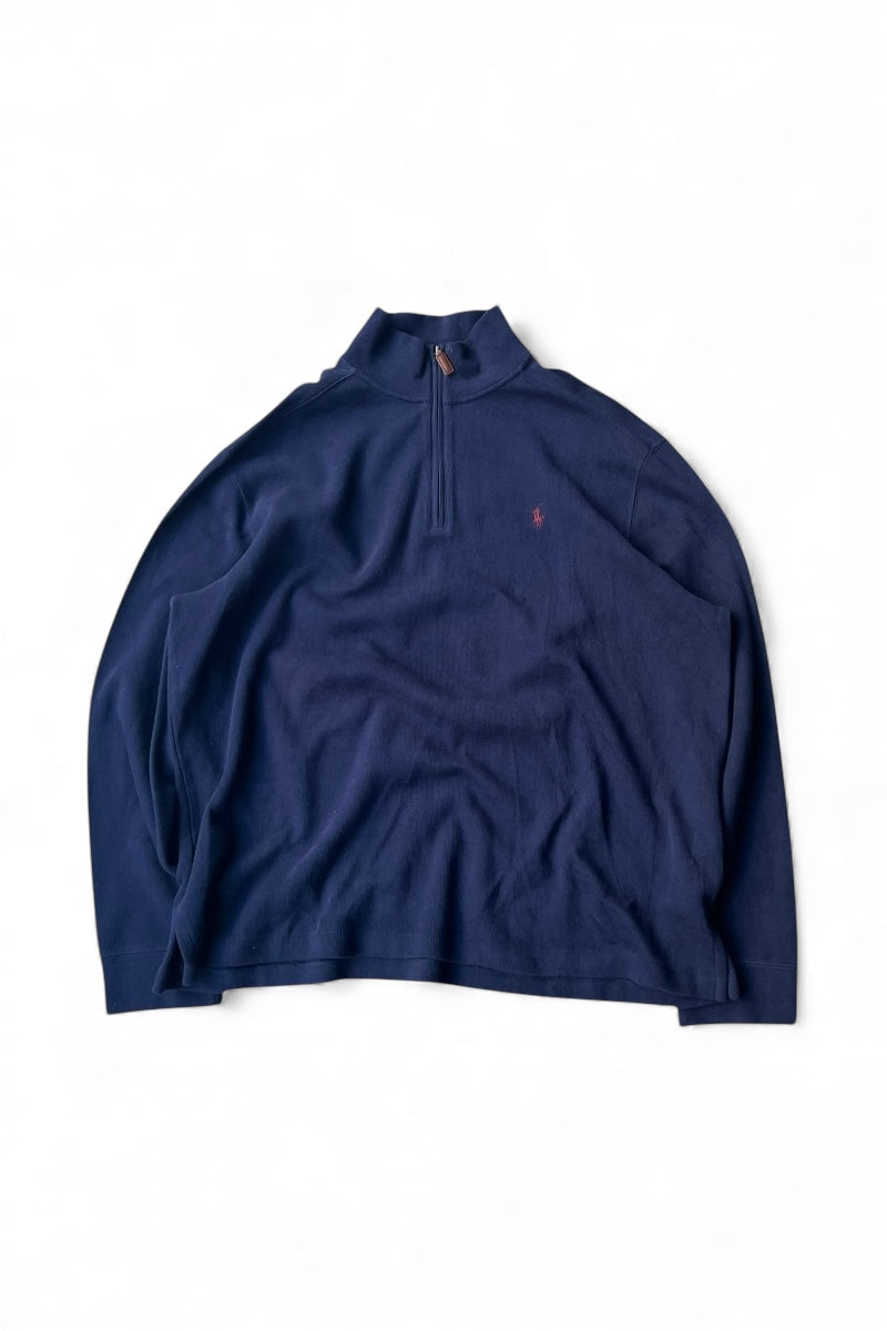90s HALF ZIP COTTON KNIT SWEATER / NAVY [SIZE: 2XL DEADSTOCK/NOS]