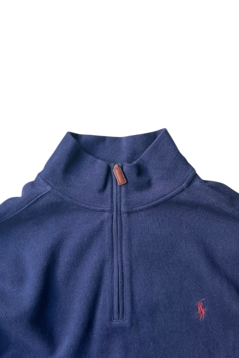 90s HALF ZIP COTTON KNIT SWEATER / NAVY [SIZE: 2XL DEADSTOCK/NOS]