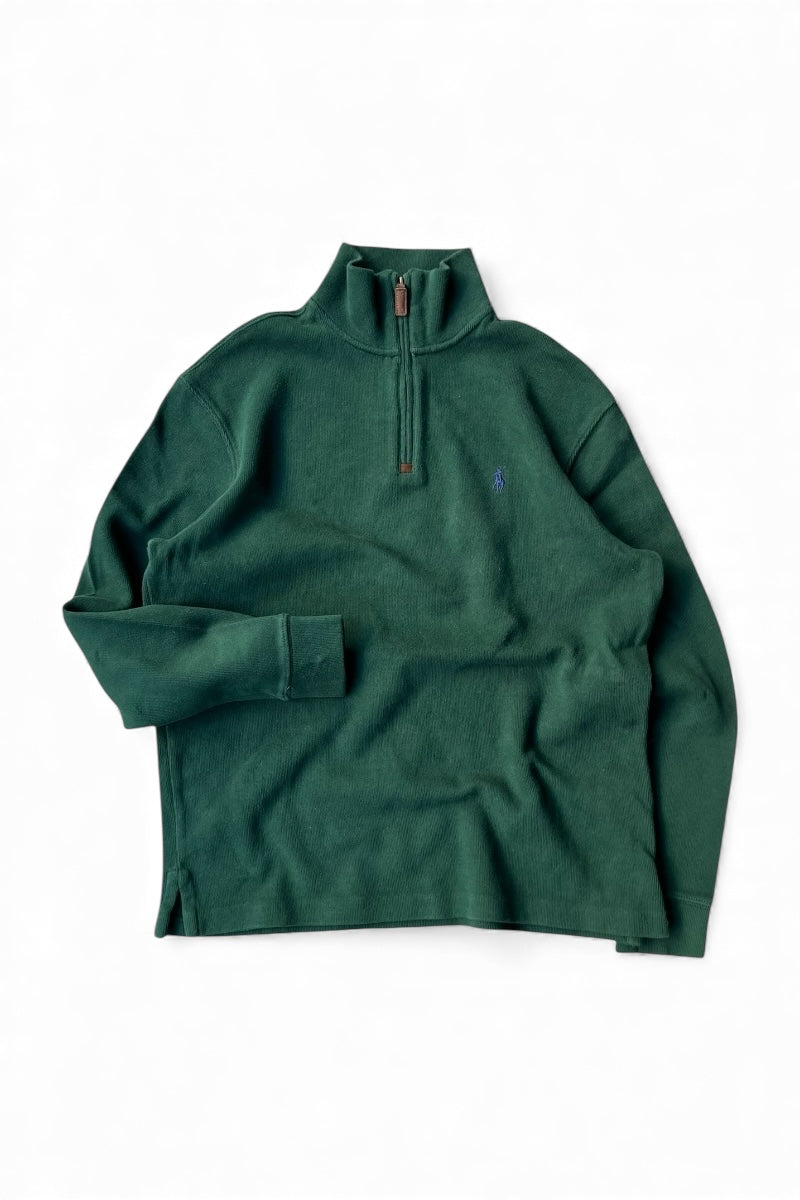 HALF-ZIP COTTON KNIT SWEATER / GREEN [SIZE: M USED]
