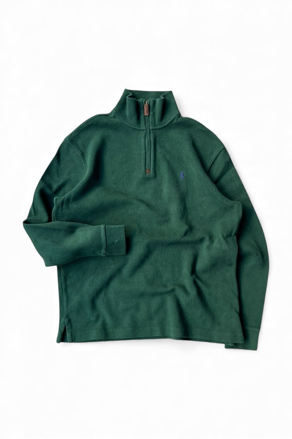 HALF-ZIP COTTON KNIT SWEATER / GREEN [SIZE: M USED]