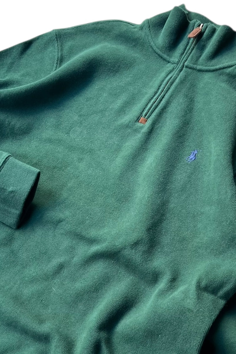 HALF-ZIP COTTON KNIT SWEATER / GREEN [SIZE: M USED]