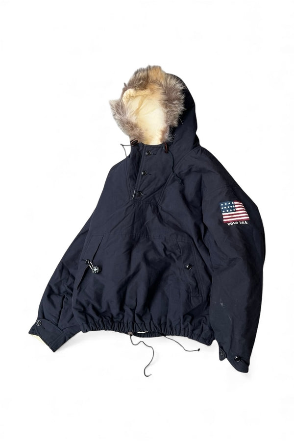 90'S PULLOVER HOODIE PUFF JACKET W/FUR / BLACK [SIZE: M USED]