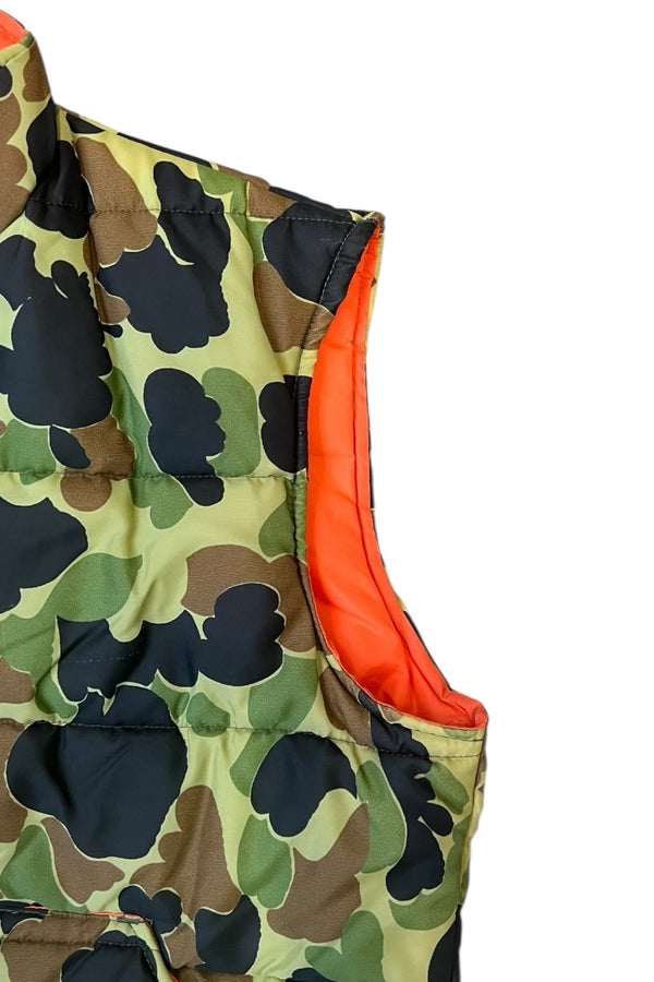 MADE IN USA 70-80'S DUCKHUNT CAMO NYLON PUFF REVERSIBLE VEST / CAMO [SIZE: L USED]