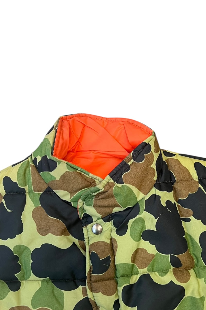 MADE IN USA 70-80'S DUCKHUNT CAMO NYLON PUFF REVERSIBLE VEST / CAMO [SIZE: L USED]
