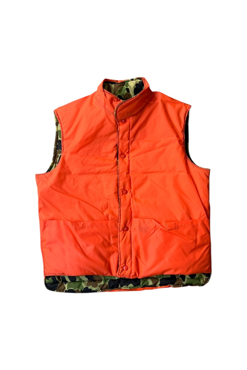 MADE IN USA 70-80'S DUCKHUNT CAMO NYLON PUFF REVERSIBLE VEST / CAMO [SIZE: L USED]