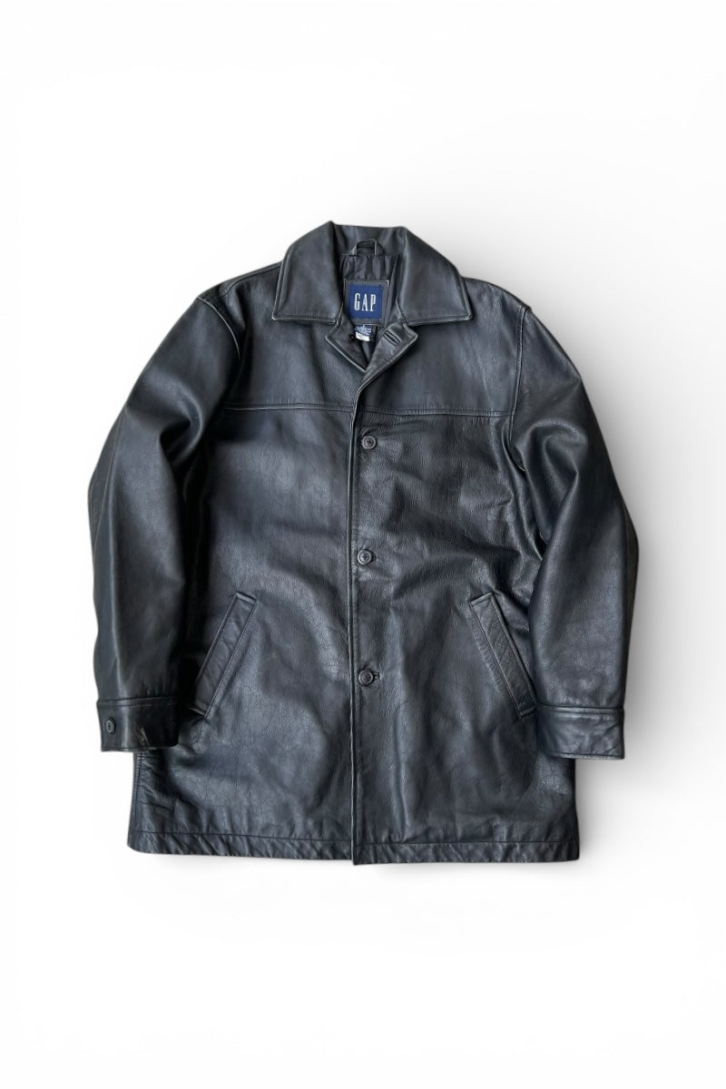 Y2K EARLY 00'S LEATHER CAR COAT / BLACK [SIZE: L USED]