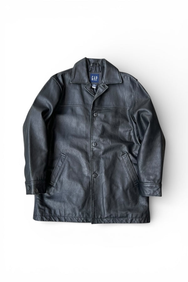 Y2K EARLY 00'S LEATHER CAR COAT / BLACK [SIZE: L USED]