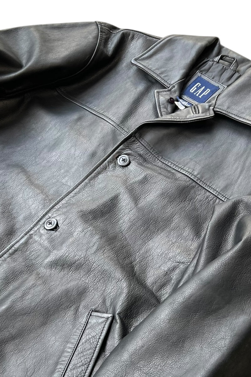 Y2K EARLY 00'S LEATHER CAR COAT / BLACK [SIZE: L USED]