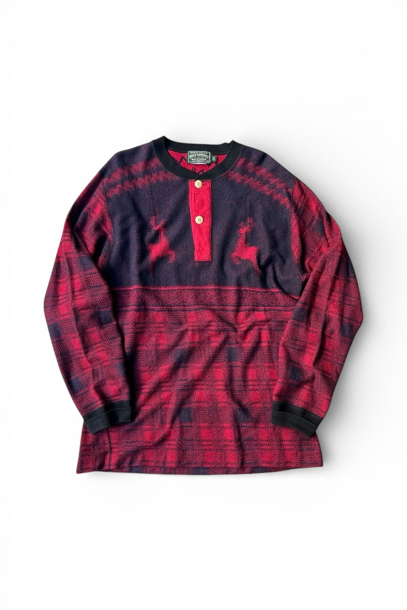 90'S L/S NORDIC HENRY NECK KNIT SWEATER / RED [SIZE: L USED]