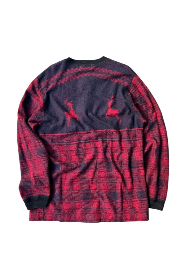 90'S L/S NORDIC HENRY NECK KNIT SWEATER / RED [SIZE: L USED]