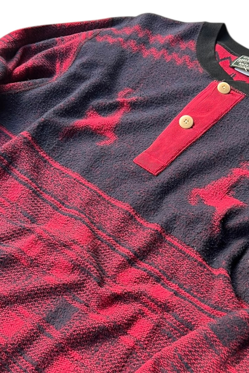 90'S L/S NORDIC HENRY NECK KNIT SWEATER / RED [SIZE: L USED]