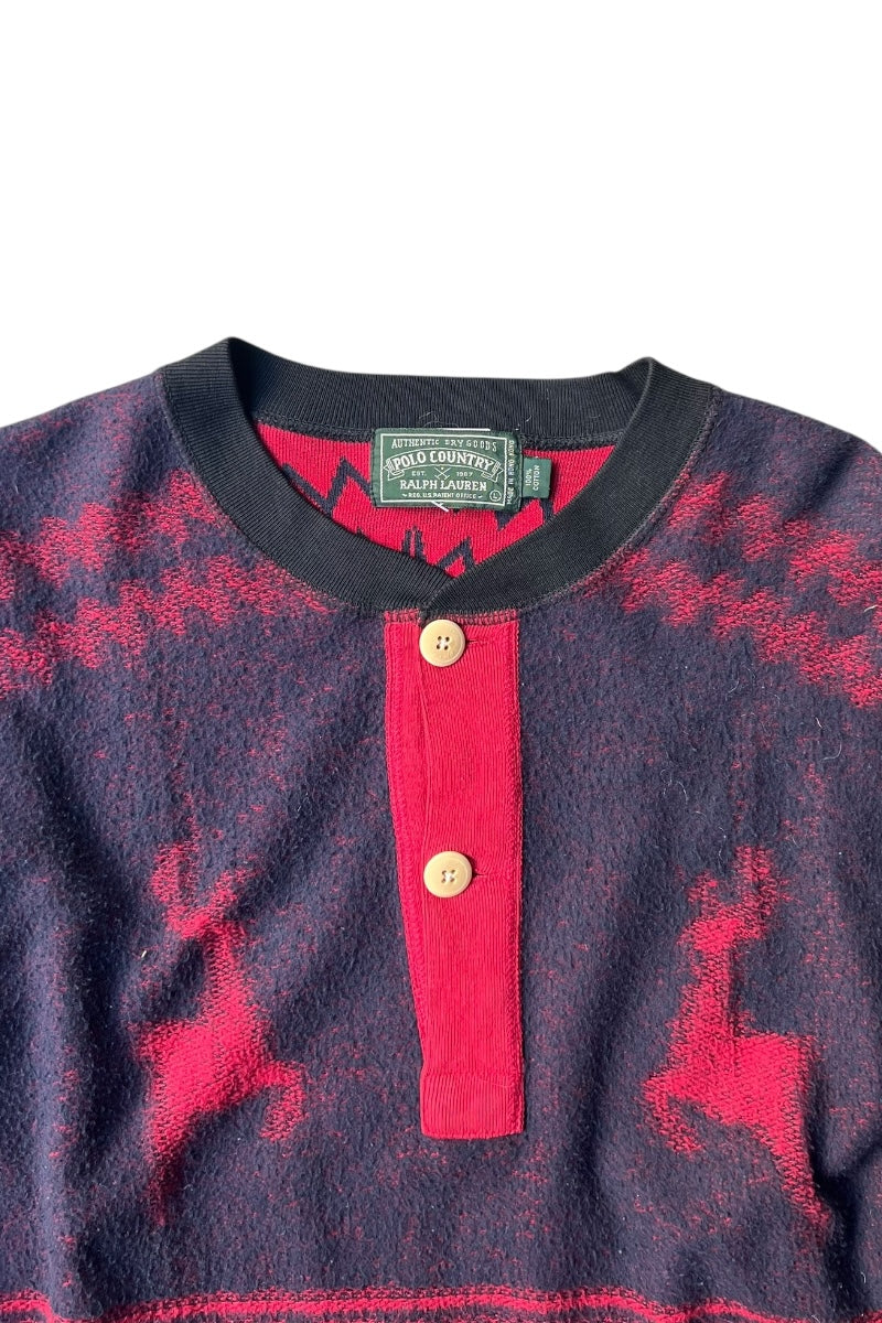90'S L/S NORDIC HENRY NECK KNIT SWEATER / RED [SIZE: L USED]