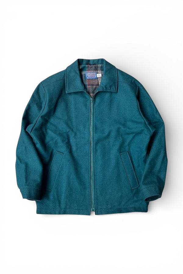 MADE IN USA 70-80'S ZIP WOOL JACKET W/CHECK LINER / GREEN [SIZE: L USED]