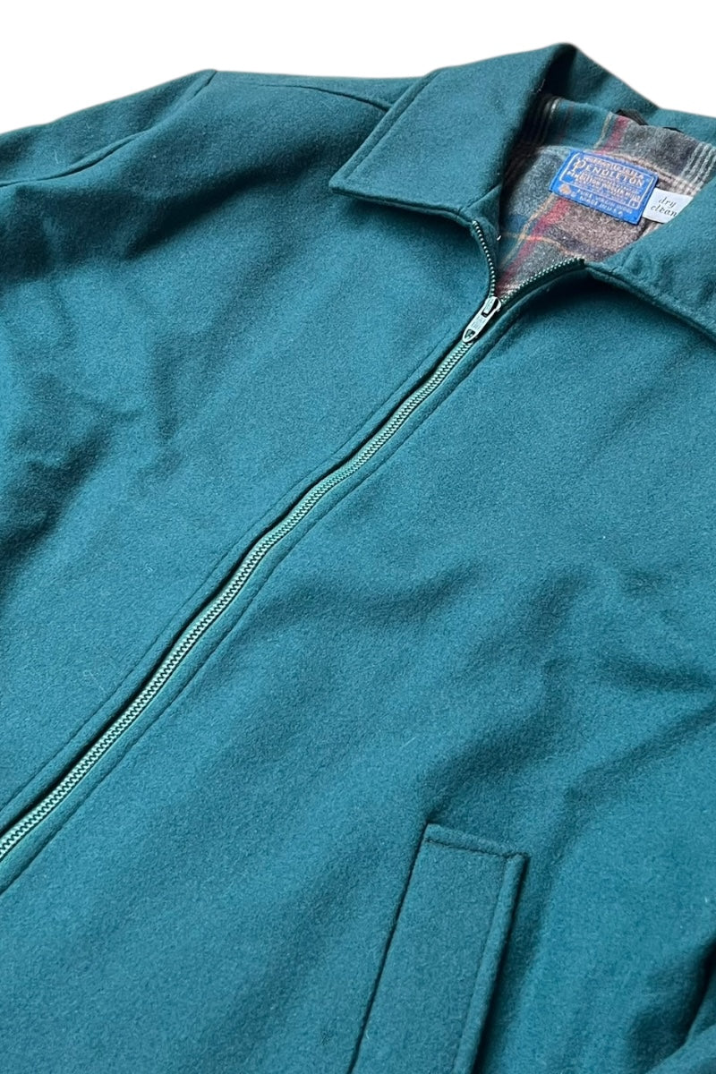 MADE IN USA 70-80'S ZIP WOOL JACKET W/CHECK LINER / GREEN [SIZE: L USED]